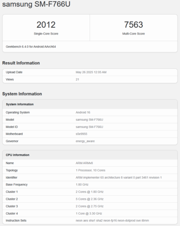 Listagem do Geekbench do Exynos 2500 com o Galaxy Z Flip 7 (fonte da imagem: Geekbench)