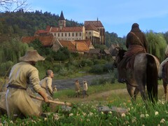 Uma imagem mostrando um castelo e personagens em Kingdom Come: Deliverance.
