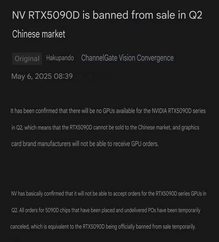 A Nvidia supostamente interrompeu as vendas da RTX 5090D. (Fonte da imagem: HXL on X, tradução automática)