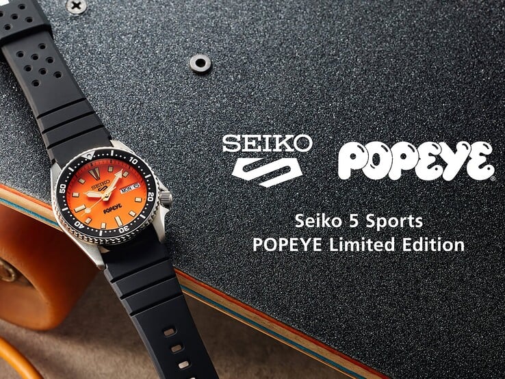 Texto alternativo: Imagem em ângulo do Seiko 5 Sports x Popeye HDB013, mostrando seu mostrador laranja, a luneta giratória preta e a caixa de aço inoxidável.
