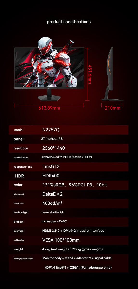 Especificações e design do monitor para jogos Lecoo N2757Q (tradução automática)