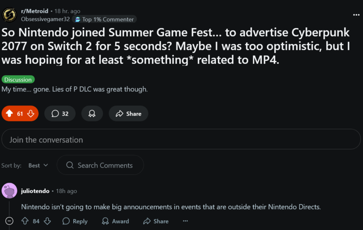 Reação dos fãs da Nintendo ao Summer Game Fest 2025 (Fonte da imagem: captura de tela, Metroid subreddit)