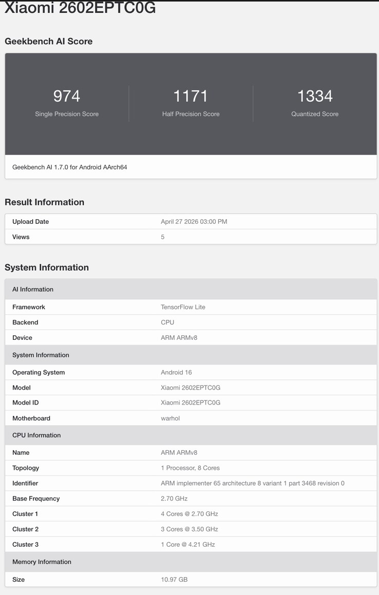 A listagem do Geekbench revela detalhes do chipset do Xiaomi 17T Pro.