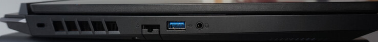Portas esquerdas: Trava Kensington, LAN (1 Gbit/s), USB-A (5 Gbit/s), fone de ouvido