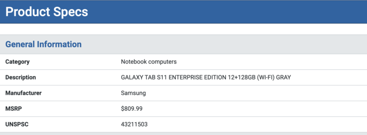 Listagem do Galaxy Tab S11 Enterprise Edition. (Fonte da imagem: SHI)