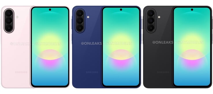 Renderizações do Galaxy A27 com aparência oficial. Espera-se que o Galaxy A27 venha nas cores rosa claro, azul e preto.