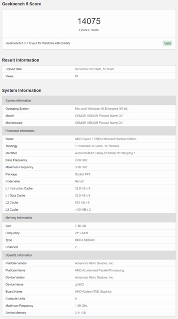 AMD Ryzen Renoir Microsoft Surface Edition APU Geekbench - OpenCL. (Fonte: Geekbench)