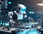 Representação de um robô fictício em um ambiente de trabalho industrial
