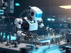 Representação de um robô fictício em um ambiente de trabalho industrial