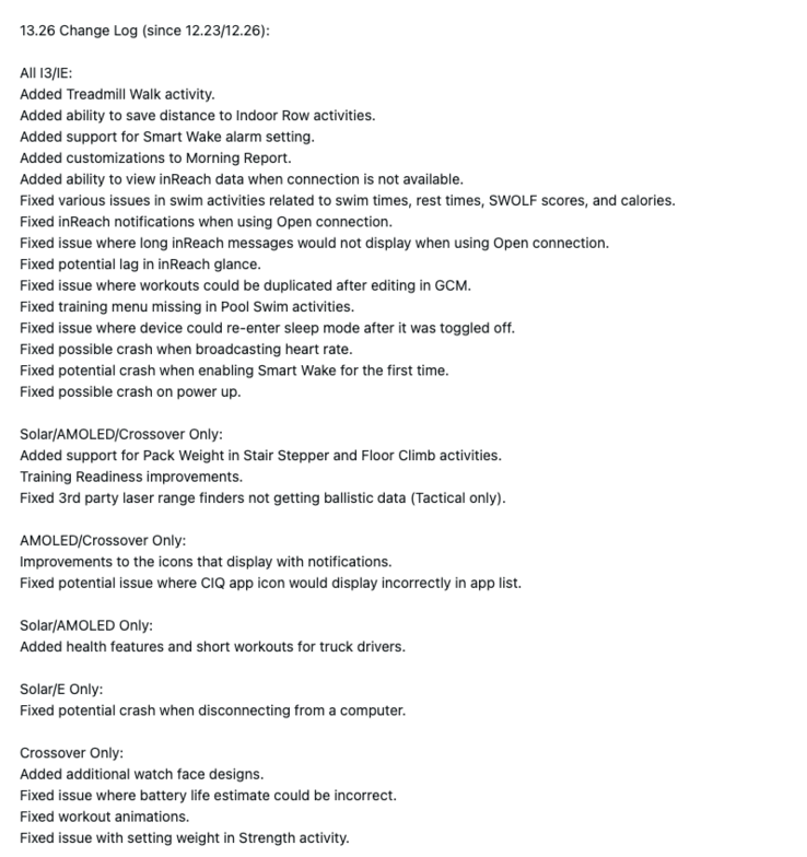 O registro de alterações do software de sistema Garmin 13.26