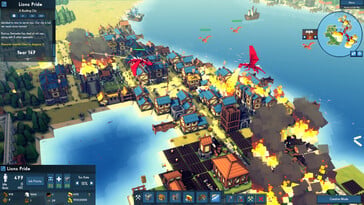 Uma imagem que mostra uma cidade destruída por dragões no jogo “Kingdoms and Castles”.
