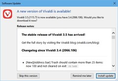 Notificação de atualização do navegador Vivaldi 3.5.2155.73 no Windows 10 (Fonte: Próprio)