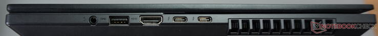 Portas à direita: fone de ouvido, USB-A (5 Gbit/s), HDMI 2.1 FRL, duas Thunderbolt 4