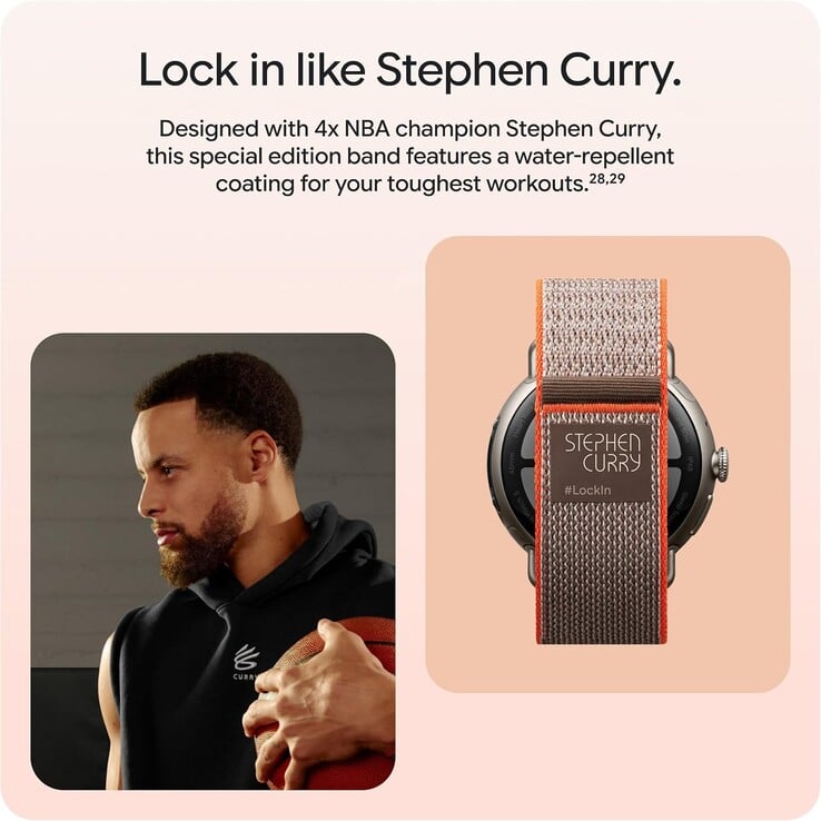 A pulseira traz a imagem de Stephen Curry e a marca #LockIn, e não está disponível nos modelos padrão de 41 mm e 45 mm.