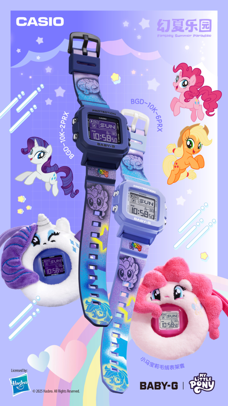 Os relógios Casio G-Shock Baby-G x My Little Pony BGD-10K-2PRX (esquerda) e BGD-10K-6PRX (direita). (Fonte da imagem: Casio)