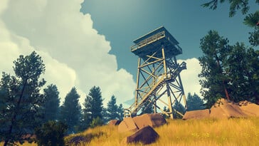 Uma imagem mostrando uma torre de vigia em Firewatch.
