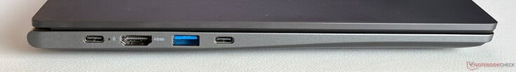 À esquerda: USB-C 3.2 Gen.1 (5 Gbit/s, DisplayPort, Power Delivery), HDMI 1.4b, USB-A 3.2 (5 Gbit/s), USB-C 3.2 Gen.1 (5 Gbit/s, DisplayPort, Power Delivery)