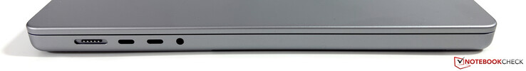 Lado esquerdo: MagSafe, 2x USB-C 4.0 c/ Thunderbolt 4 (40 Gbps, DisplayPort, Power Delivery), fone de ouvido 3.5 mm
