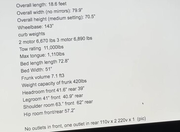 A folha de especificações do Cybertruck que vazou nos dá uma indicação do que esperar em termos de dimensões e praticidade. (Fonte da imagem: Captura de tela do TFLEV no YouTube)
