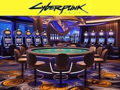 Logotipo do Cyberpunk 2077 retratado acima do cassino futurista (Fonte da imagem: Rockstar Games com edições)
