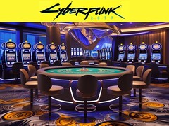 Logotipo do Cyberpunk 2077 retratado acima do cassino futurista (Fonte da imagem: Rockstar Games com edições)