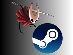 Hornet de Hollow Knight: Silksong acima do logotipo da Steam (Fonte da imagem: Team Cherry, Steam, com edições)