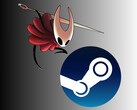 Hornet de Hollow Knight: Silksong acima do logotipo da Steam (Fonte da imagem: Team Cherry, Steam, com edições)
