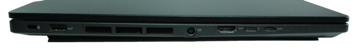 Lado esquerdo: 1 Kensington Lock, USB-A 3.2 Gen.2, porta de alimentação, HDMI 2.1, 1 Thunderbolt 4, USB-C 3.2 Gen.2