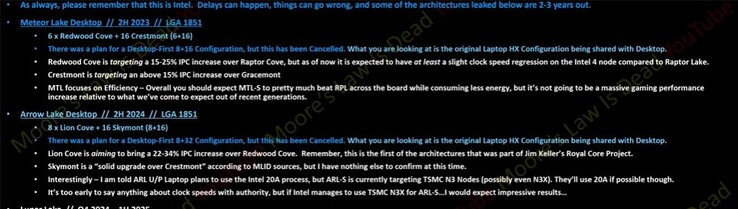 Informações da Intel Meteor Lake e Arrow Lake. (Fonte: MLID)