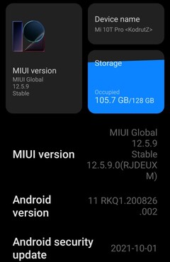 MIUI 12.5.9 Enhanced Edition Global Stable on Xiaomi Mi 10T Pro detalhes (Fonte: Própria)