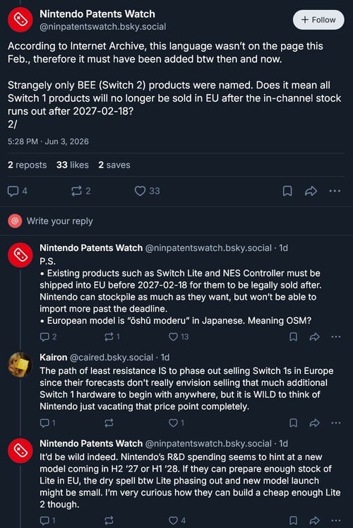 Nintendo Patents Watch post sobre as revisões da bateria do Switch 2