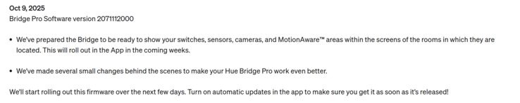 As notas de lançamento da primeira atualização do Philips Hue Bridge Pro. (Fonte da imagem: Philips Hue)