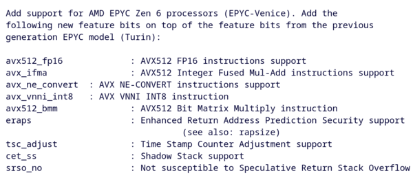 A mensagem de commit do patch do QEMU de Ben Cheatham, listando os novos recursos adicionados para o Epyc-Venice.