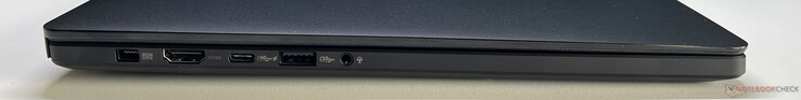 Esquerda: fonte de alimentação, HDMI 2.1 FRL, USB-C 4.0 (40 GBit/s, DisplayPort, Power Delivery), USB-A 3.2 Gen 2 (10 GBit/s), áudio de 3,5 mm
