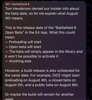 resposta da 1BF a Tom Henderson sobre o horário de início do beta aberto do Battlefield 6 (Fonte da imagem: GamingLeaksandRumours subreddit, 1BF Telegram channel)