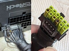 O conector de alimentação ASRock TempGuard queimado, mostrado na foto, com danos nos cabos da fonte de alimentação