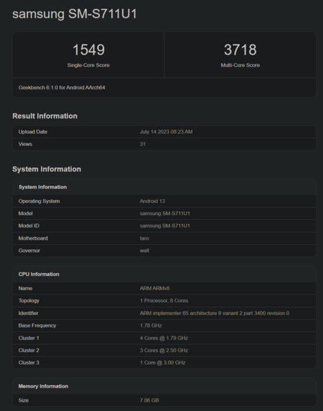 Galaxy S23 FE no Geekbench com um Snapdragon 8 Gen 1 (imagem via Geekbench)