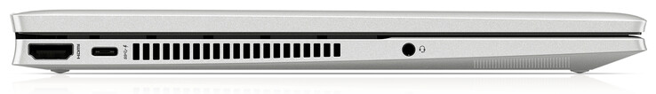 Lado esquerdo: saída HDMI, uma porta USB 3.2 Gen 2 (Type-C; Power Delivery, DisplayPort), conector combinado fone de ouvido/microfone