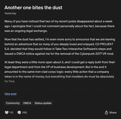 Publicação no Patreon de Luke Ross sobre a retirada do mod Cyberpunk 2077 VR (Fonte da imagem: captura de tela, Luke Ross Patreon)