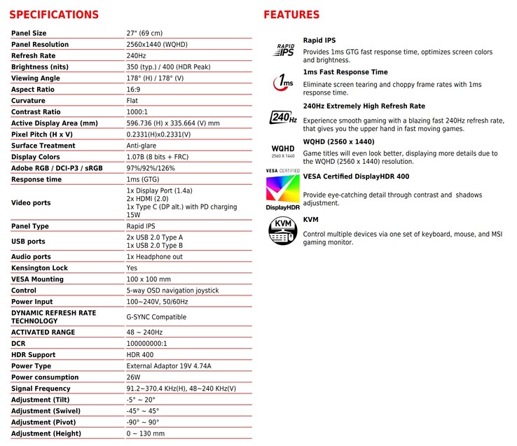 MSI Optix MAG274QRX - Especificações. (Fonte: MSI)