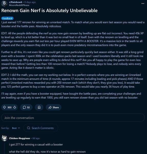 Mudanças na moeda do jogo do Rainbow Six Siege X (Fonte da imagem: captura de tela, subreddit do Rainbow Six)
