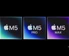 Representação artística dos chips M5, M5 Pro e M5 Max da Apple. (Fonte da imagem: Apple, editado usando Gemini)