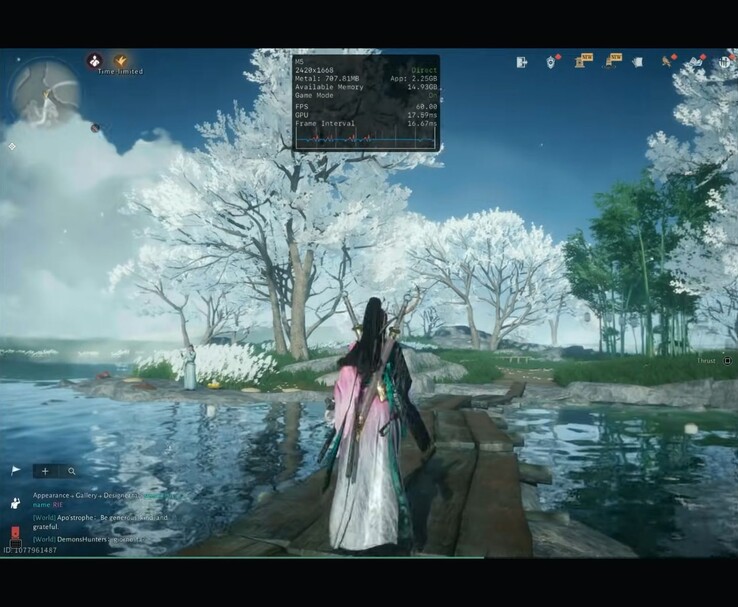 Where Winds Meet Mobile em execução no iPad Pro M5 com sobreposição de desempenho mostrando a resolução e a taxa de quadros (Fonte da imagem: Dame Tech via YouTube)