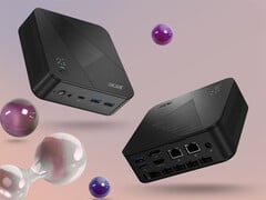 O Revo Box com Ryzen AI 9 465 apresenta um elegante chassi preto. Na imagem: uma foto promocional mostrando o mini PC de diferentes ângulos.