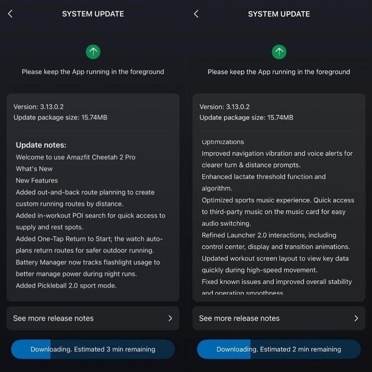 As notas de lançamento do Amazfit Cheetah 2 Pro fw 3.13.0.2