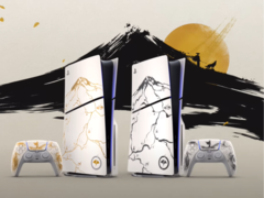 Placas de PS5 de edição limitada do Ghost of Yotei em exibição (fonte da imagem: PlayStation YT)