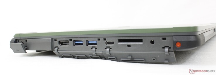 Esquerda: adaptador AC, HDMI 2.0, 2x USB-A 3.0, USB-C c/ Thunderbolt 4 + DisplayPort + Power Delivery, leitor de cartão SD, conector de áudio de 3,5 mm