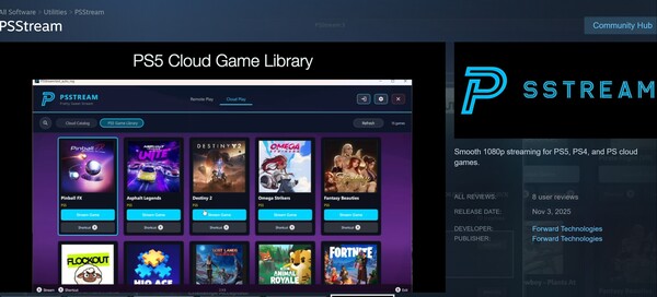 Recurso PSStream PS5 Game Library mostrado (Fonte da imagem: captura de tela, Steam, PSStream com edições)
