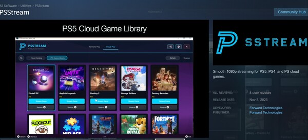 Recurso PSStream PS5 Game Library mostrado (Fonte da imagem: captura de tela, Steam, PSStream com edições)