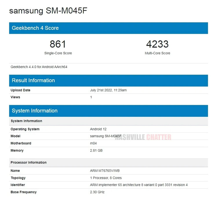 Um potencial dispositivo de classe econômica Galaxy M vaza para o Geekbench. (Fonte: Geekbench via NashvilleChatter)